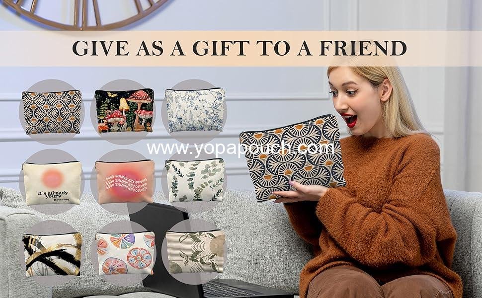 Wholesale Boho Makeup Bag for Women, Sunset Leaf Aesthetic Pouch, 9x6 inches - Supplier