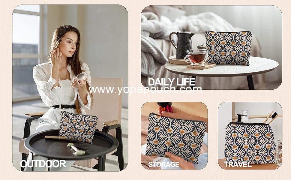 Wholesale Boho Makeup Bag for Women, Sunset Leaf Aesthetic Pouch, 9x6 inches - Supplier