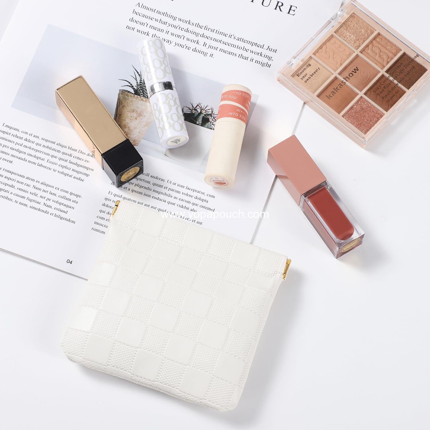 Wholesale 2PCS Small Makeup Bag for Purse Mini Waterproof Cosmetic Pouch Checkered Self-closing Coin Lipstick Small Leather Pouch (Black, White) Supplier