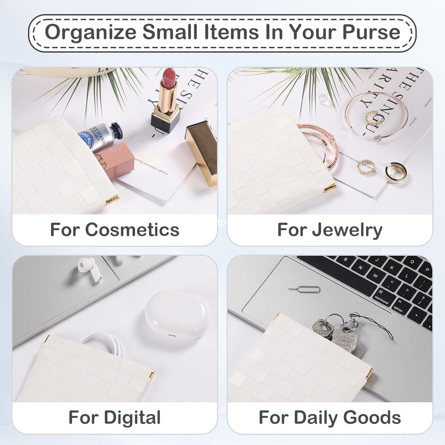 Wholesale 2PCS Small Makeup Bag for Purse Mini Waterproof Cosmetic Pouch Checkered Self-closing Coin Lipstick Small Leather Pouch (Black, White) Supplier