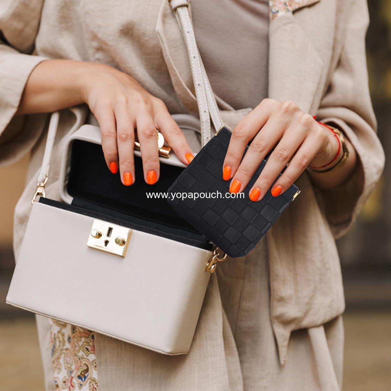 Wholesale 2PCS Small Makeup Bag for Purse Mini Waterproof Cosmetic Pouch Checkered Self-closing Coin Lipstick Small Leather Pouch (Black, White) Supplier