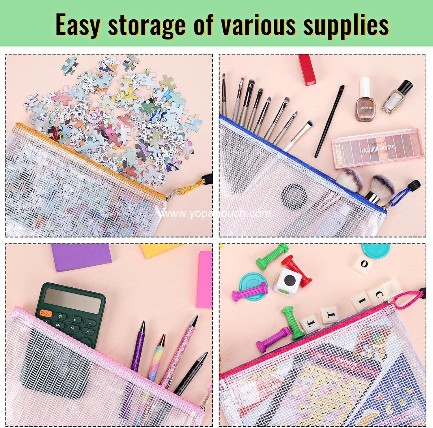 Wholesale 14pcs Zip Pouch Organizers, Mesh Bags with Zipper, 8 Sizes, 14 Colors, Waterproof for Travel, School, Office & Home Supplier