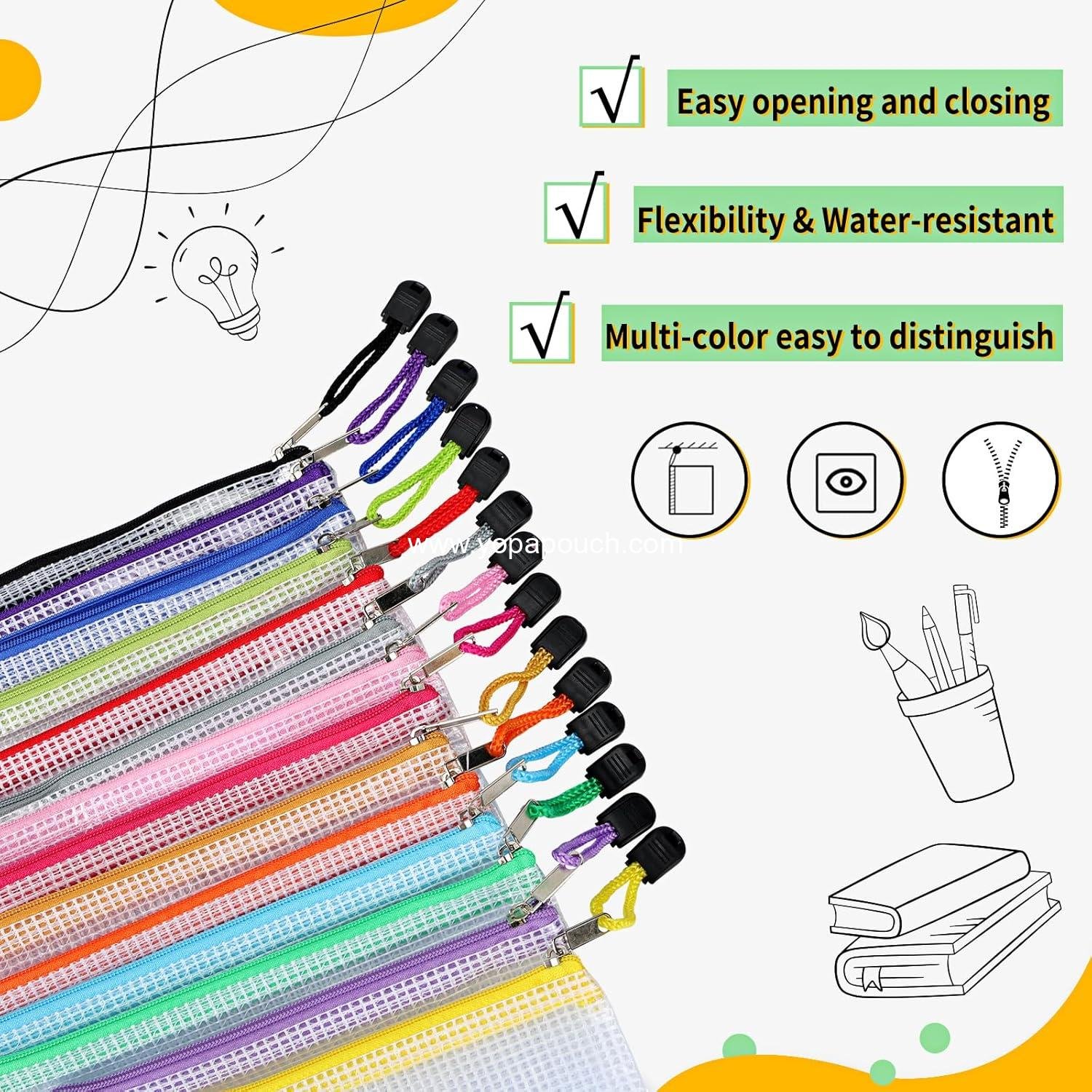 Wholesale 14pcs Zip Pouch Organizers, Mesh Bags with Zipper, 8 Sizes, 14 Colors, Waterproof for Travel, School, Office & Home Supplier