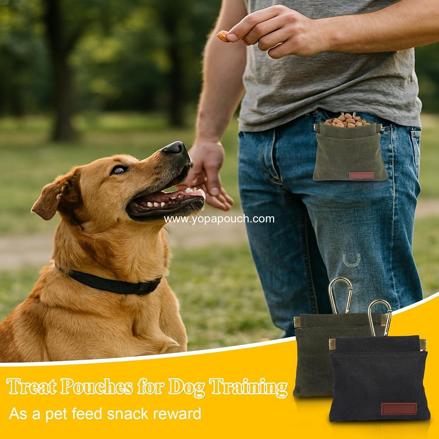 Wholesale 2Pcs Dog Treat Pouches for Pet Training, Hands-Free Puppy Treat Bag with Carabiner, Portable Auto-Closing Dog Walking Bag for Travel or Outdoor Use, Pet Snack Reward Pocket - Black, Green, Supplier