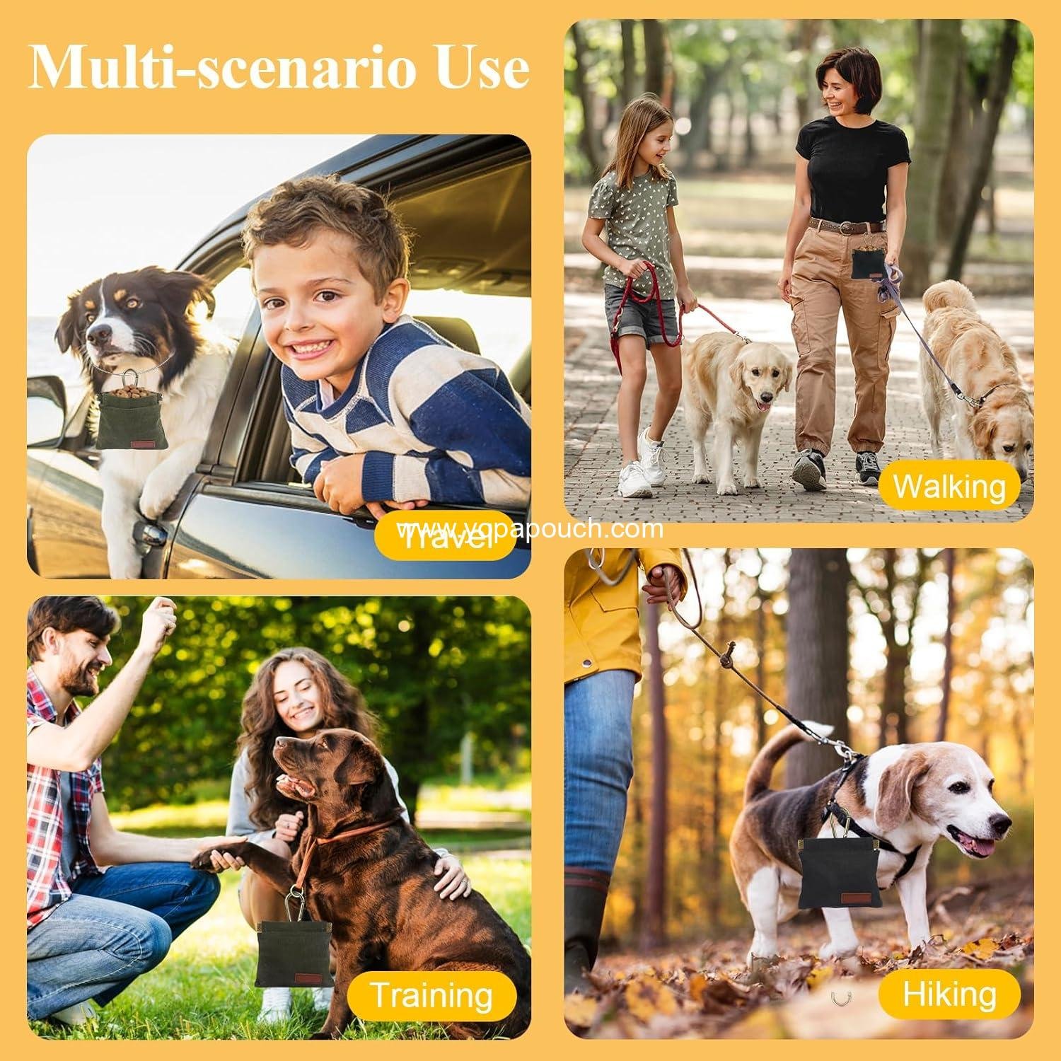 Wholesale 2Pcs Dog Treat Pouches for Pet Training, Hands-Free Puppy Treat Bag with Carabiner, Portable Auto-Closing Dog Walking Bag for Travel or Outdoor Use, Pet Snack Reward Pocket - Black, Green, Supplier