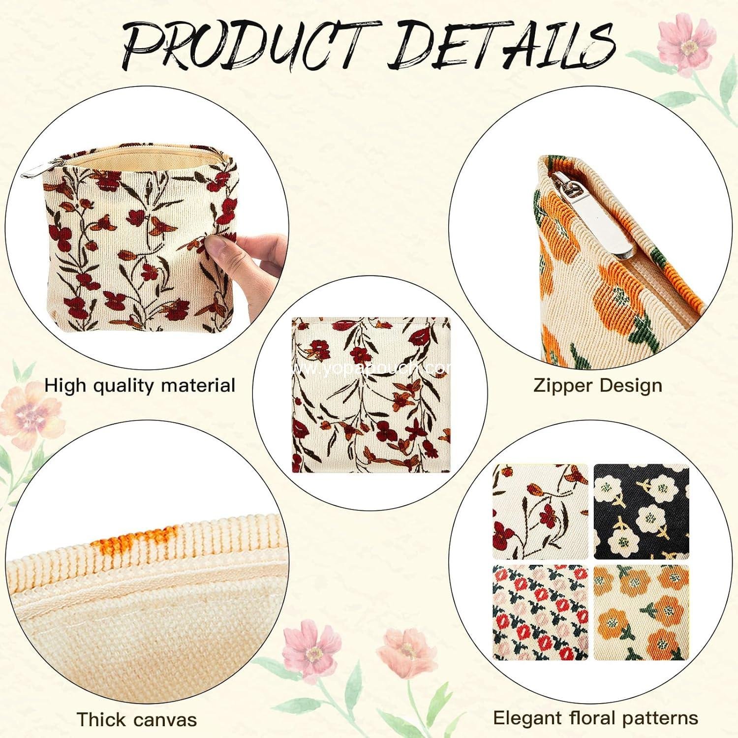 Wholesale Floral Makeup Bags - 4 Pcs Corduroy Cosmetic Pouches with Zipper, Portable Mini Bags for Purse and Toiletries, Cute Makeup Purse for Coin and Essentials, Women (Classic) Supplier