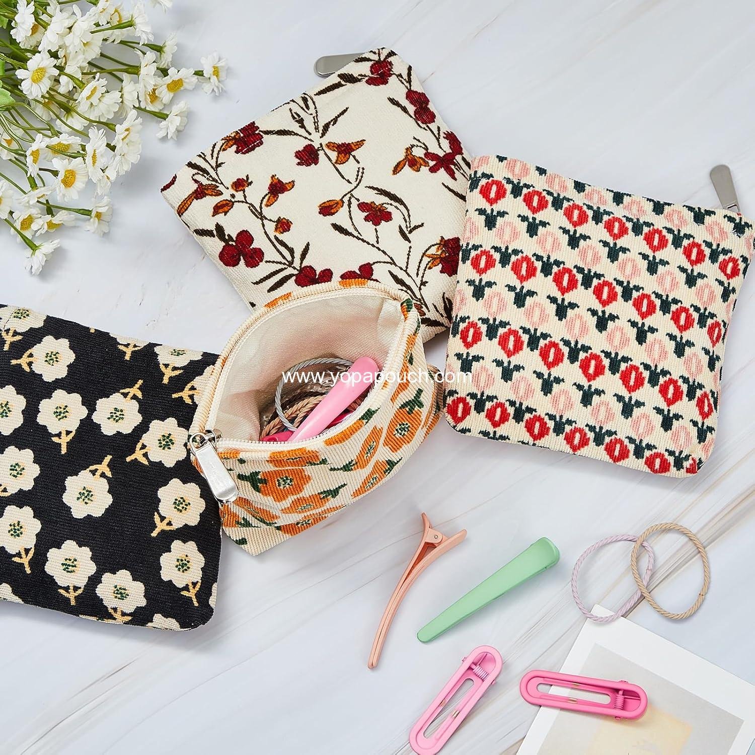 Wholesale Floral Makeup Bags - 4 Pcs Corduroy Cosmetic Pouches with Zipper, Portable Mini Bags for Purse and Toiletries, Cute Makeup Purse for Coin and Essentials, Women (Classic) Supplier