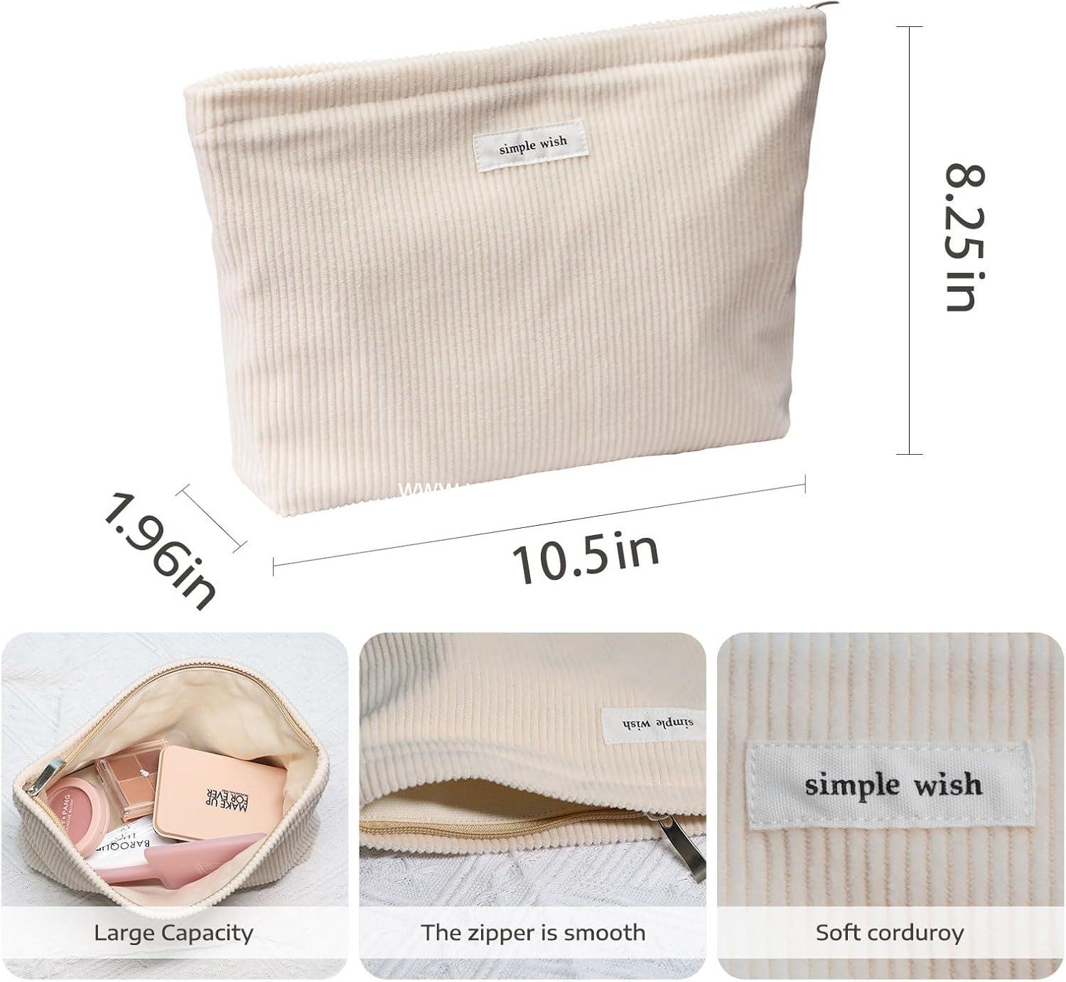 Wholesale Large Capacity Cosmetic Bag for Women, Corduroy Toiletry Handbag with Zipper Pouch (Beige) - Manufacturer
