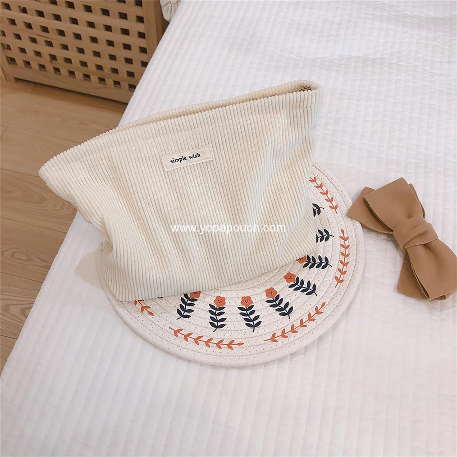 Wholesale Large Capacity Cosmetic Bag for Women, Corduroy Toiletry Handbag with Zipper Pouch (Beige) - Manufacturer