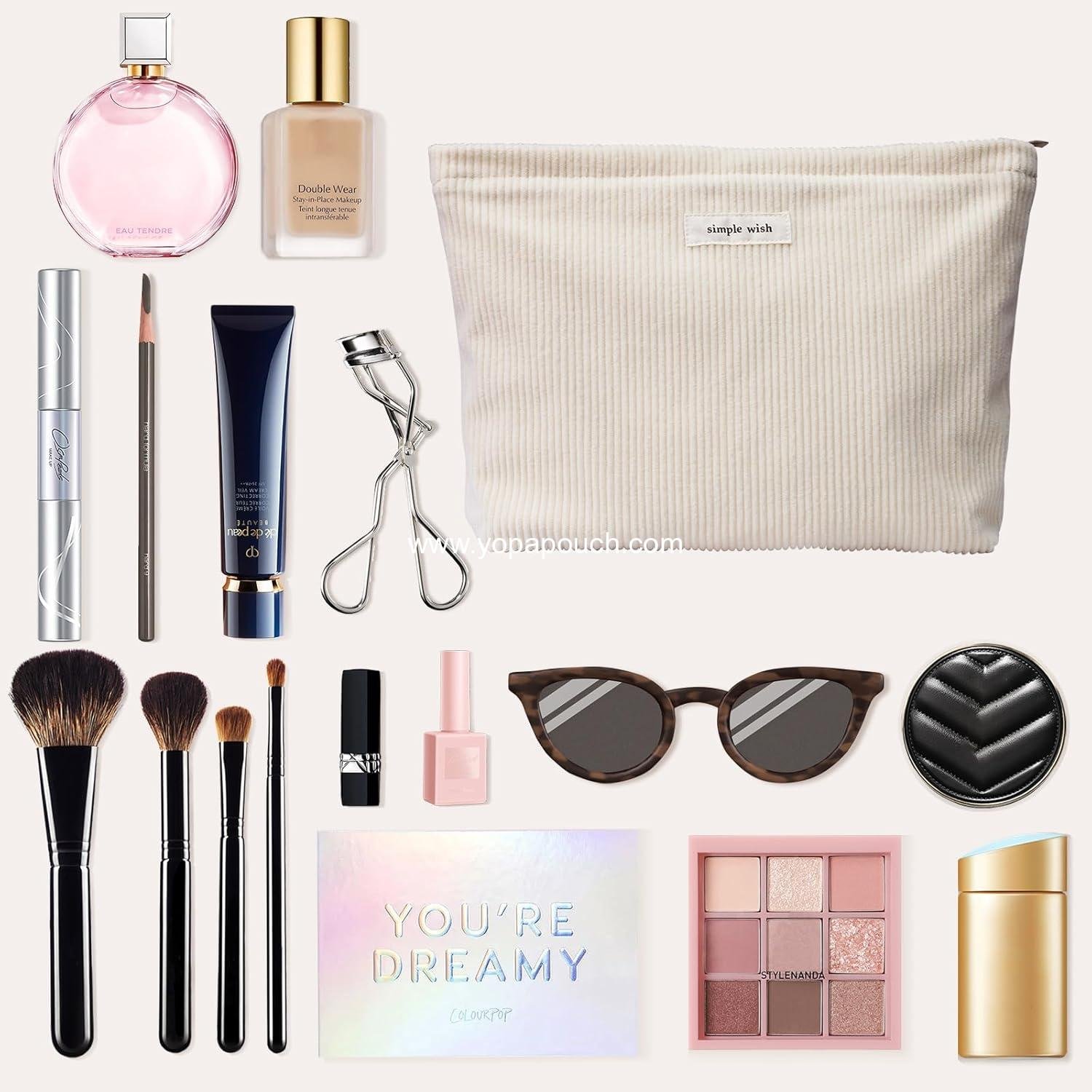 Wholesale Large Capacity Cosmetic Bag for Women, Corduroy Toiletry Handbag with Zipper Pouch (Beige) - Manufacturer