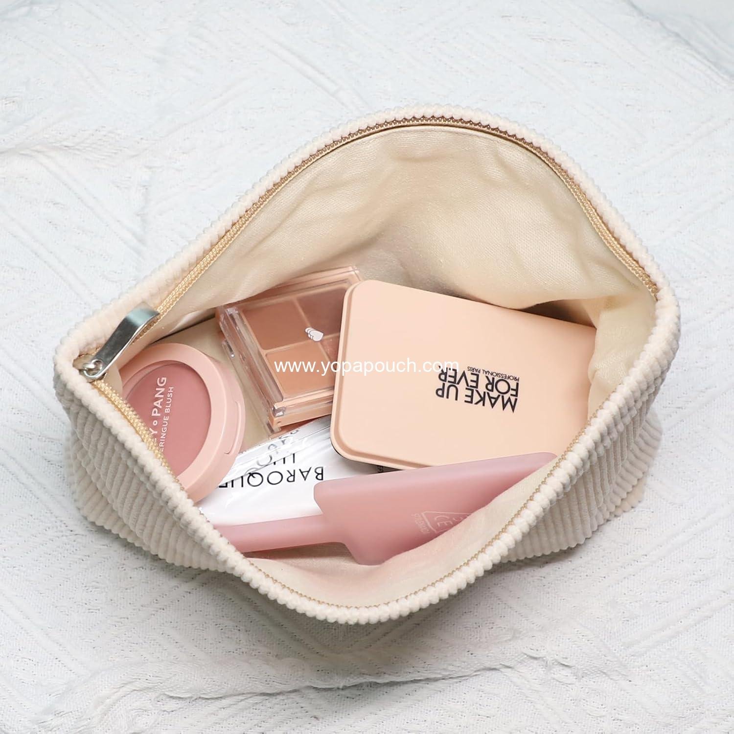 Wholesale Large Capacity Cosmetic Bag for Women, Corduroy Toiletry Handbag with Zipper Pouch (Beige) - Manufacturer
