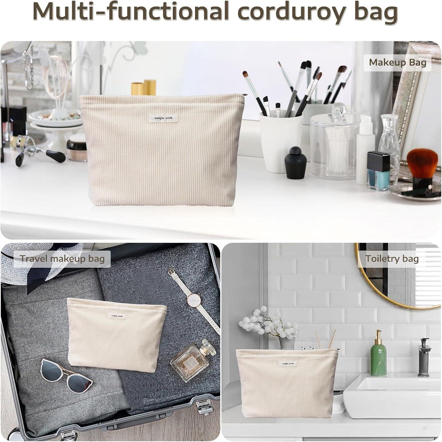 Wholesale Large Capacity Cosmetic Bag for Women, Corduroy Toiletry Handbag with Zipper Pouch (Beige) - Manufacturer