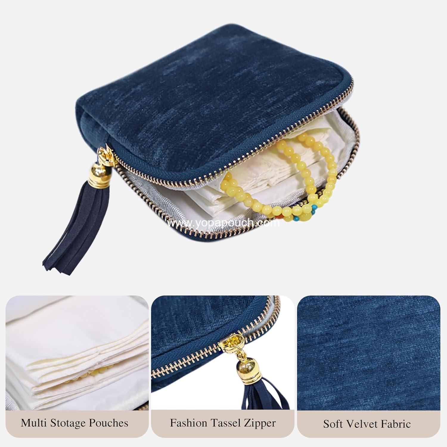 Wholesale Portable Jewelry Case Organizer for Women - Compact Jewelry Box with Small Pouches for Gemstones, Healing Crystals, Bracelets, Necklaces, and Bangles Storage, Gift Ring Holder with Blue Tassel, Supplier