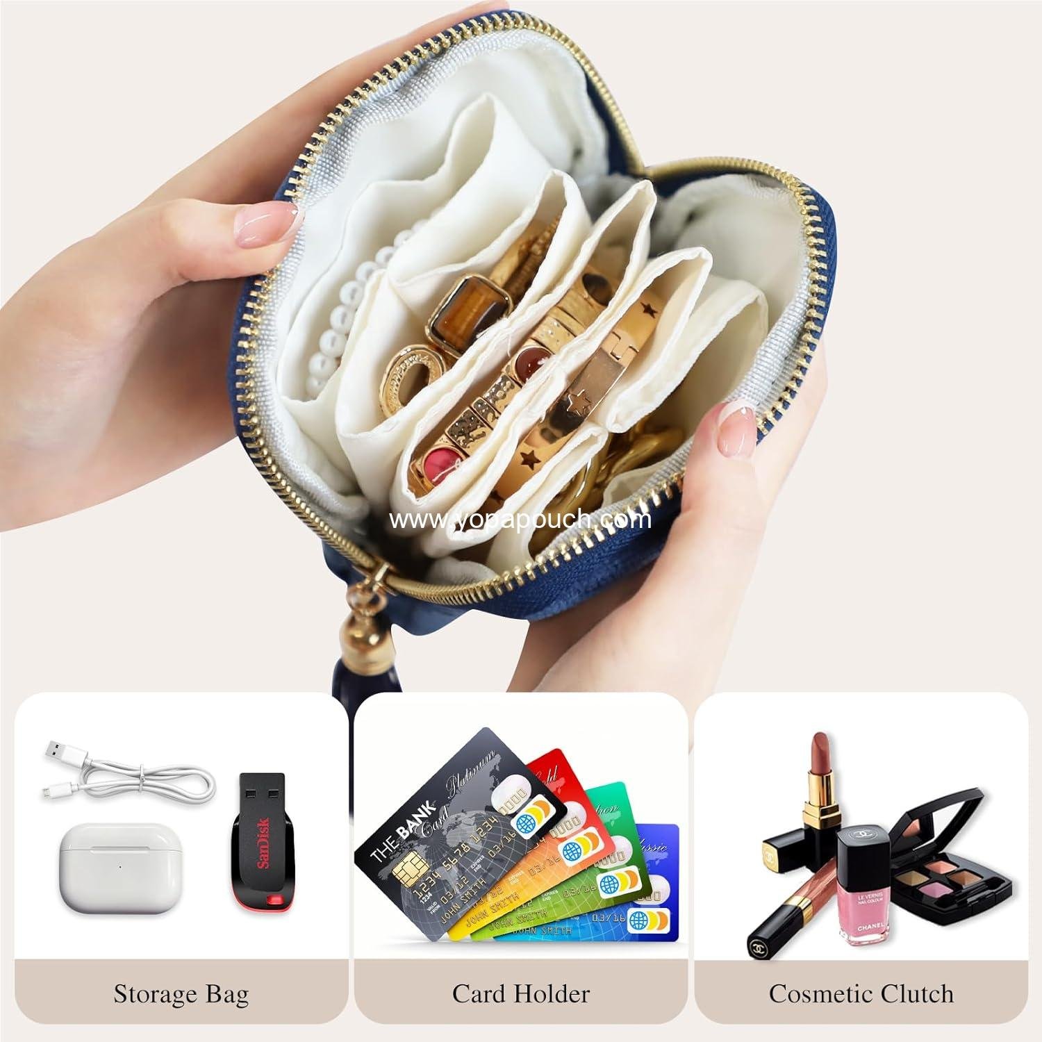 Wholesale Portable Jewelry Case Organizer for Women - Compact Jewelry Box with Small Pouches for Gemstones, Healing Crystals, Bracelets, Necklaces, and Bangles Storage, Gift Ring Holder with Blue Tassel, Supplier