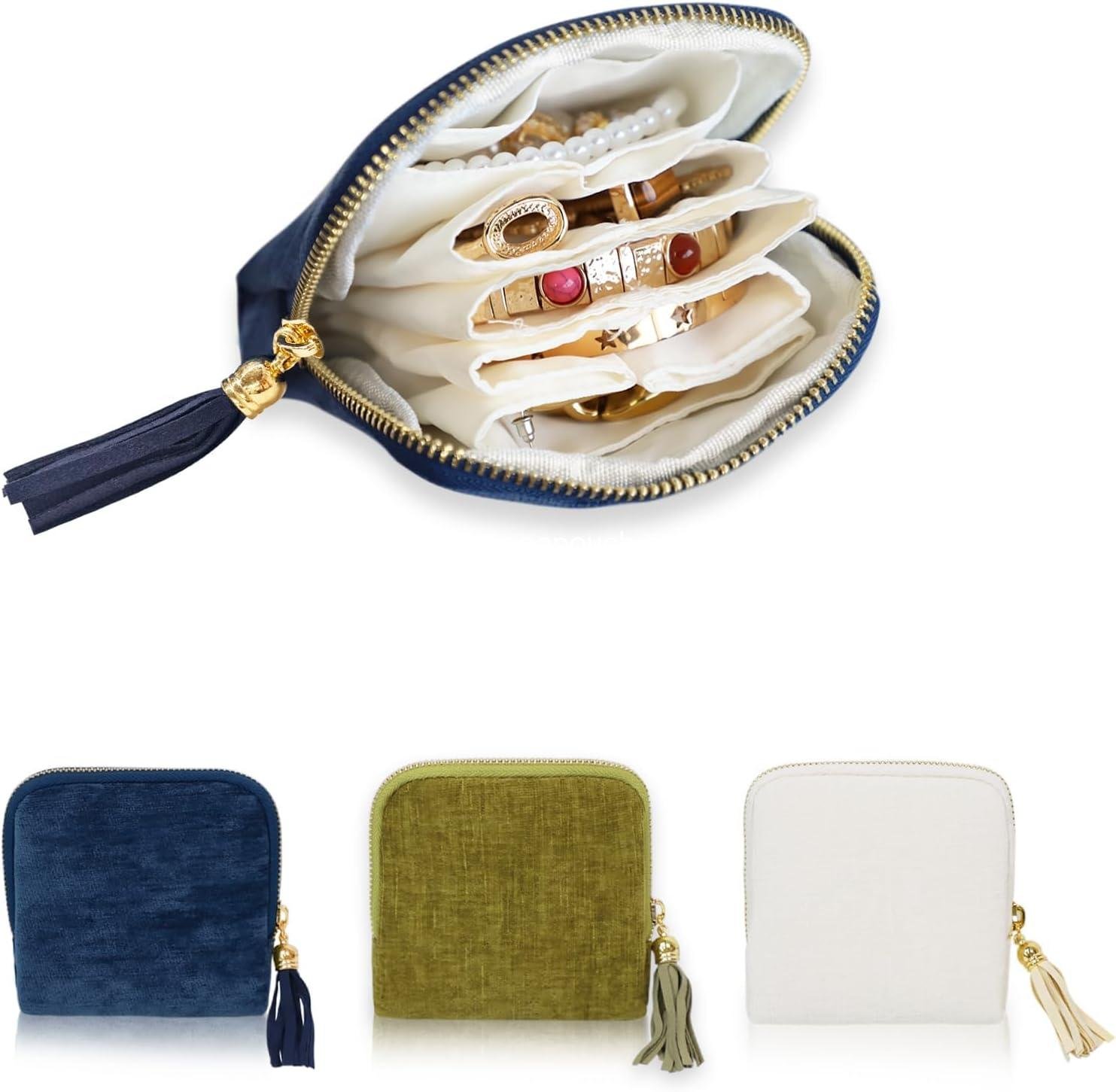 Wholesale Portable Jewelry Case Organizer for Women - Compact Jewelry Box with Small Pouches for Gemstones, Healing Crystals, Bracelets, Necklaces, and Bangles Storage, Gift Ring Holder with Blue Tassel, Supplier