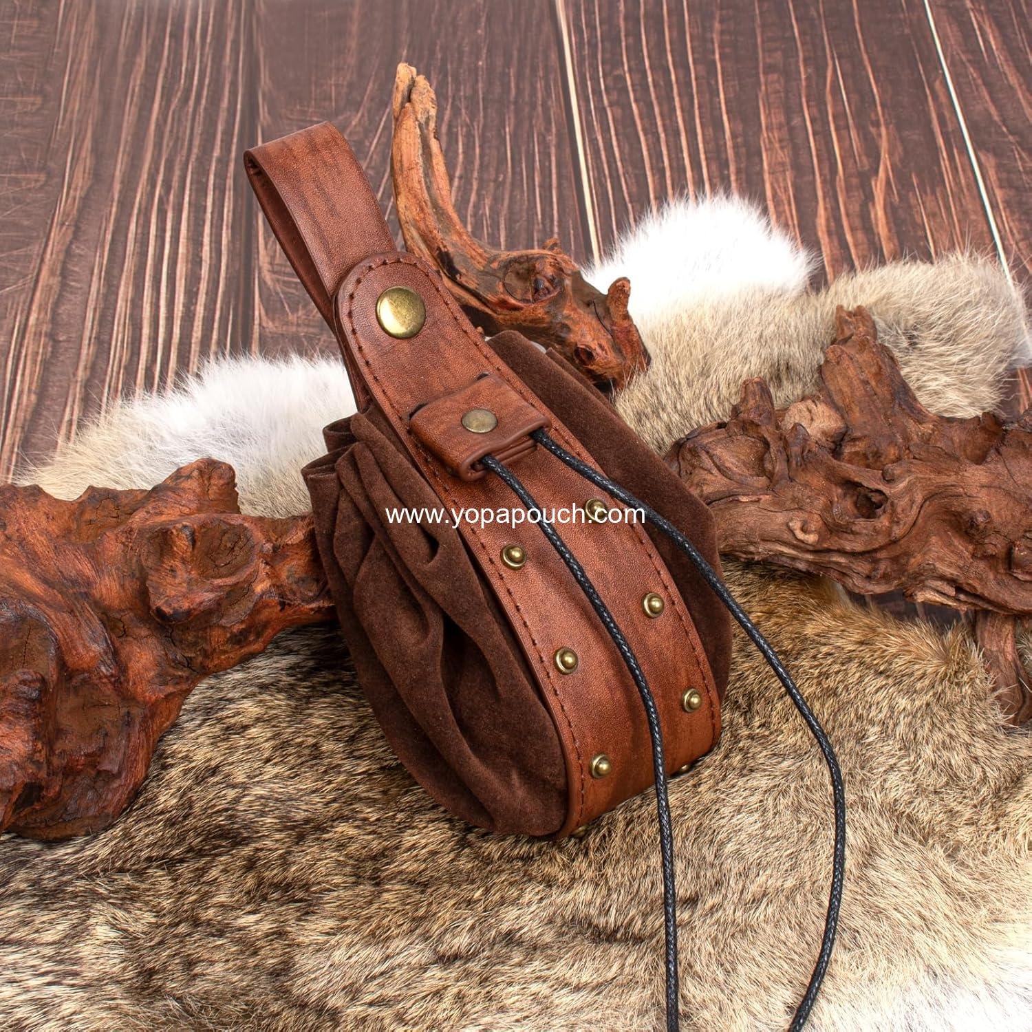 Wholesale Renaissance Belt Pouch Coin Purse Skirt Hike Set Medieval Festival Halloween Accessories Casual Fanny Pack Waist Bag (2 Pouches - Brown) Supplier