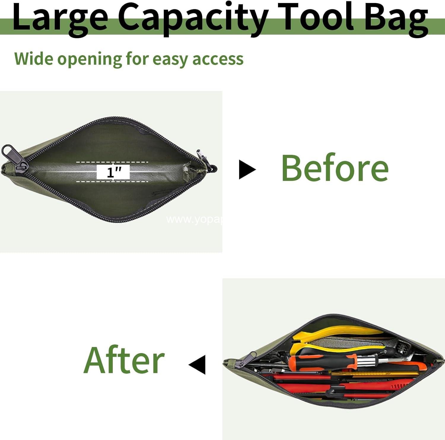 Wholesale 3 Pack Premium Tool Pouches Zipper Bags, 8-Inch Small Utility Storage Organizers with Carabiner for Tools, Stationery, and Pencils (Tan, Navy Green, Black) Supplier