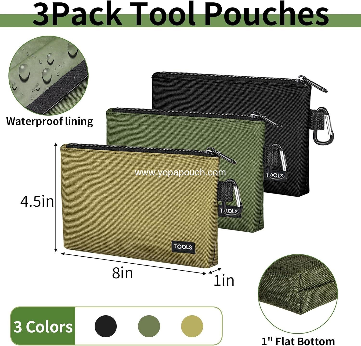 Wholesale 3 Pack Premium Tool Pouches Zipper Bags, 8-Inch Small Utility Storage Organizers with Carabiner for Tools, Stationery, and Pencils (Tan, Navy Green, Black) Supplier