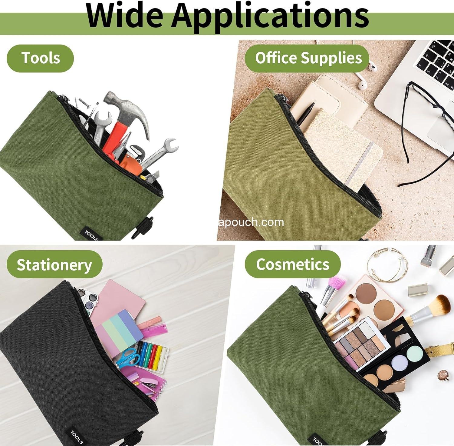 Wholesale 3 Pack Premium Tool Pouches Zipper Bags, 8-Inch Small Utility Storage Organizers with Carabiner for Tools, Stationery, and Pencils (Tan, Navy Green, Black) Supplier