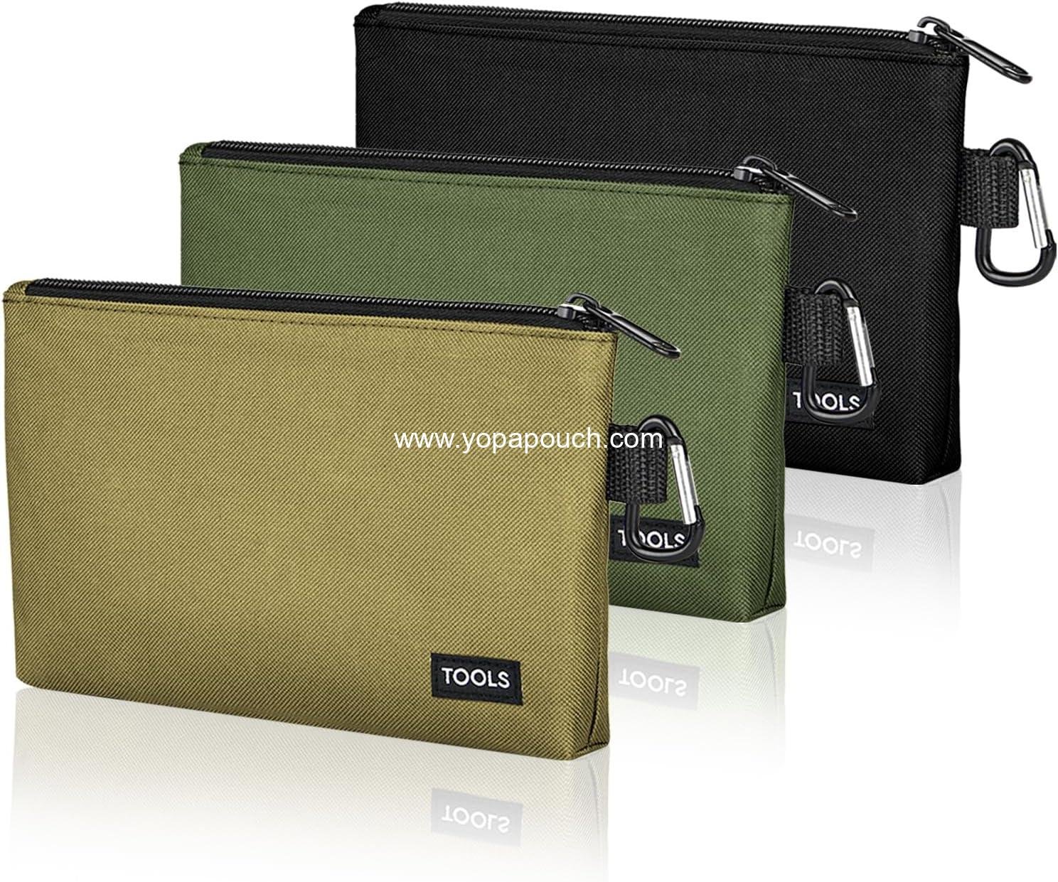 Wholesale 3 Pack Premium Tool Pouches Zipper Bags, 8-Inch Small Utility Storage Organizers with Carabiner for Tools, Stationery, and Pencils (Tan, Navy Green, Black) Supplier