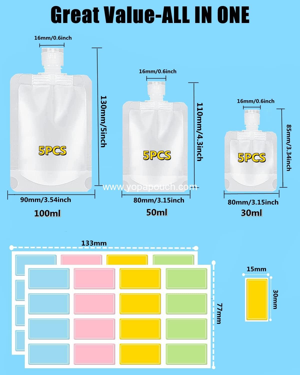 Wholesale 17 Travel Pouches for Toiletries, TSA Approved Portable Stand Up Containers, Refillable Accessories for Shampoo, Conditioner, Lotion, Soap, Liquids - Supplier