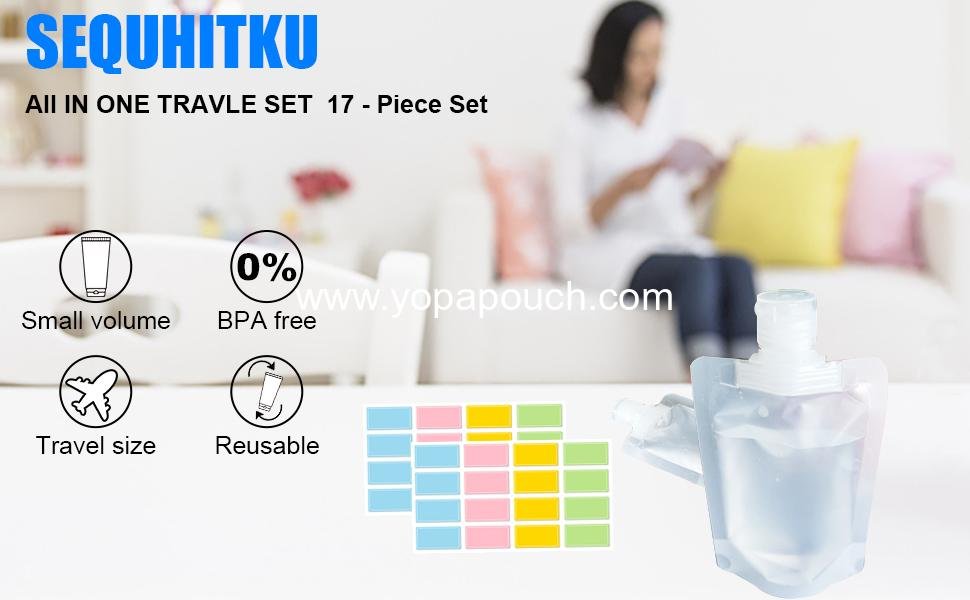 Wholesale 17 Travel Pouches for Toiletries, TSA Approved Portable Stand Up Containers, Refillable Accessories for Shampoo, Conditioner, Lotion, Soap, Liquids - Supplier