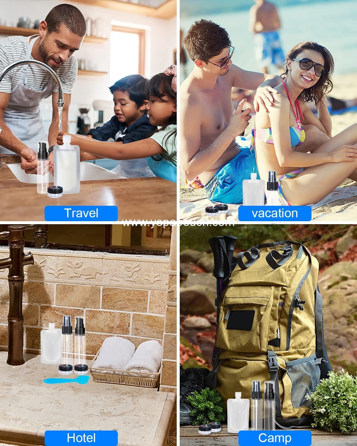 Wholesale 17 Travel Pouches for Toiletries, TSA Approved Portable Stand Up Containers, Refillable Accessories for Shampoo, Conditioner, Lotion, Soap, Liquids - Supplier