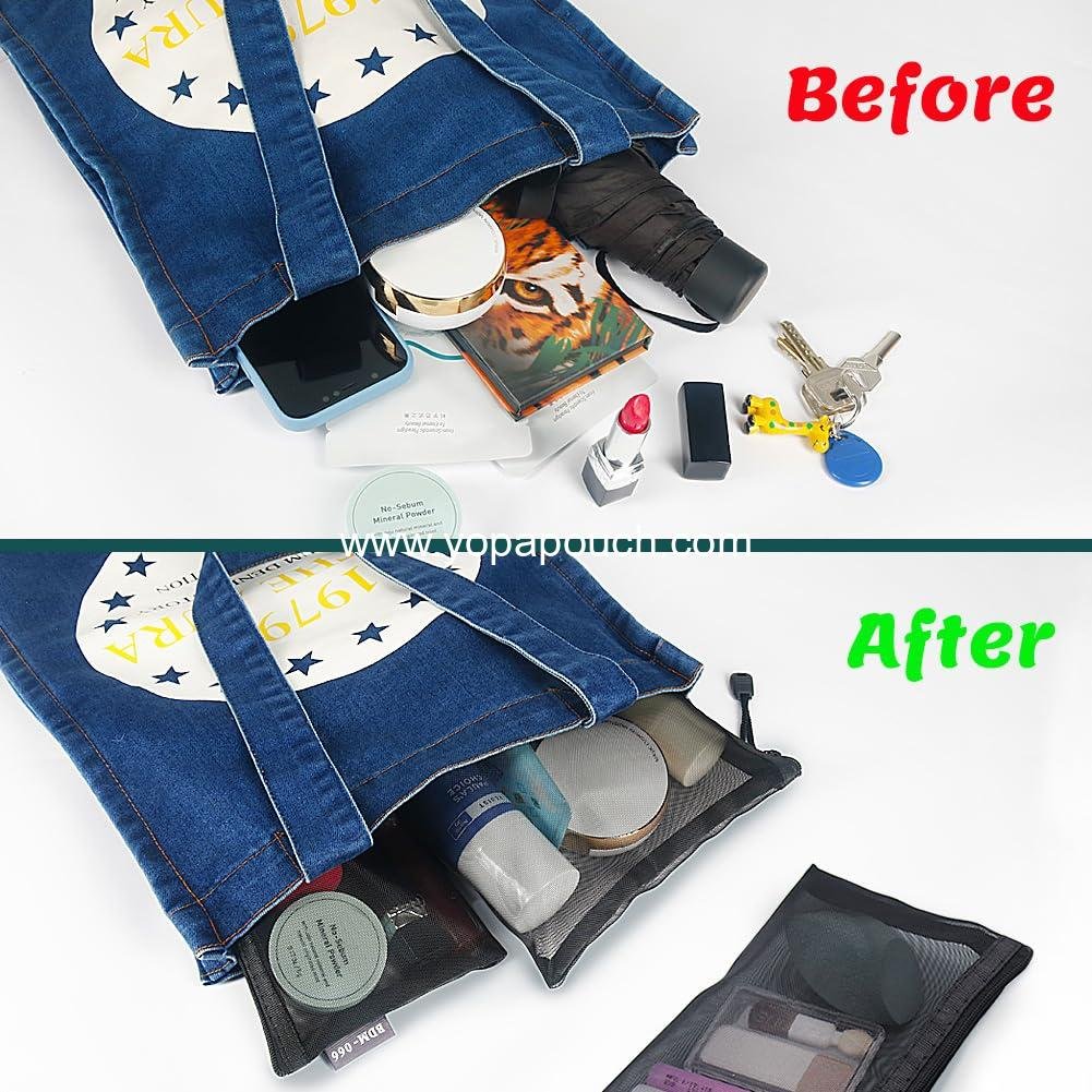 Wholesale Nylon Makeup Pouches - 6 Pack Mesh Cosmetic Bags with Zipper for Home Office Purse Diaper Bag (Black) Supplier