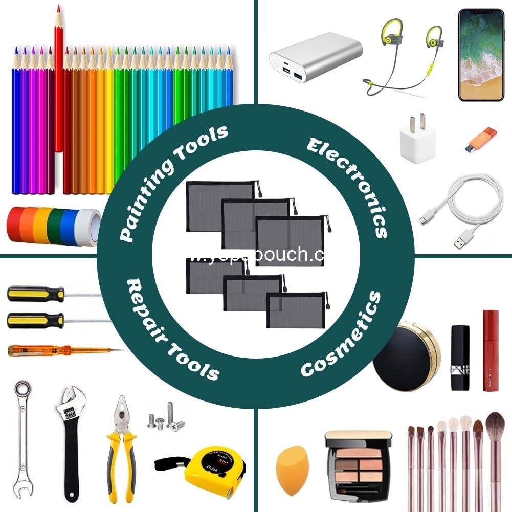 Wholesale Nylon Makeup Pouches - 6 Pack Mesh Cosmetic Bags with Zipper for Home Office Purse Diaper Bag (Black) Supplier