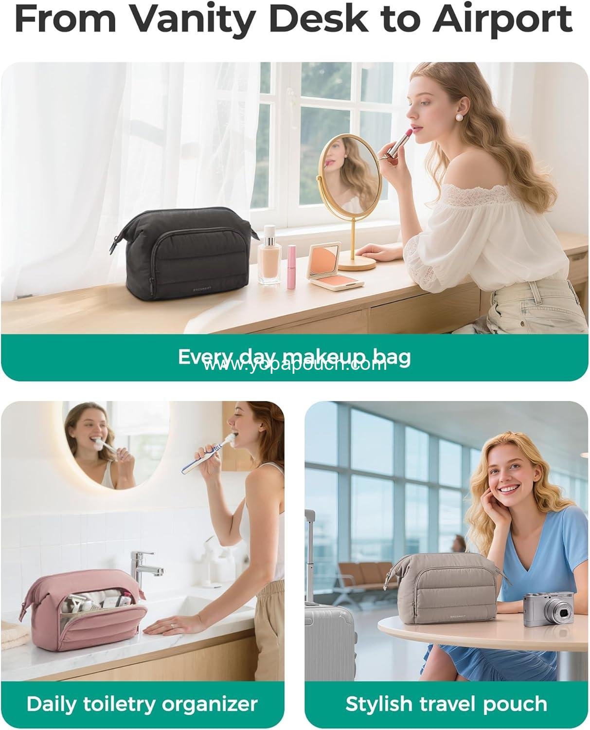 OEM Pink Makeup Bag Travel Toiletry Organizer, Puffy Padded Pouch for Women, Wide-Open Design for Essentials and Brushes, Factory