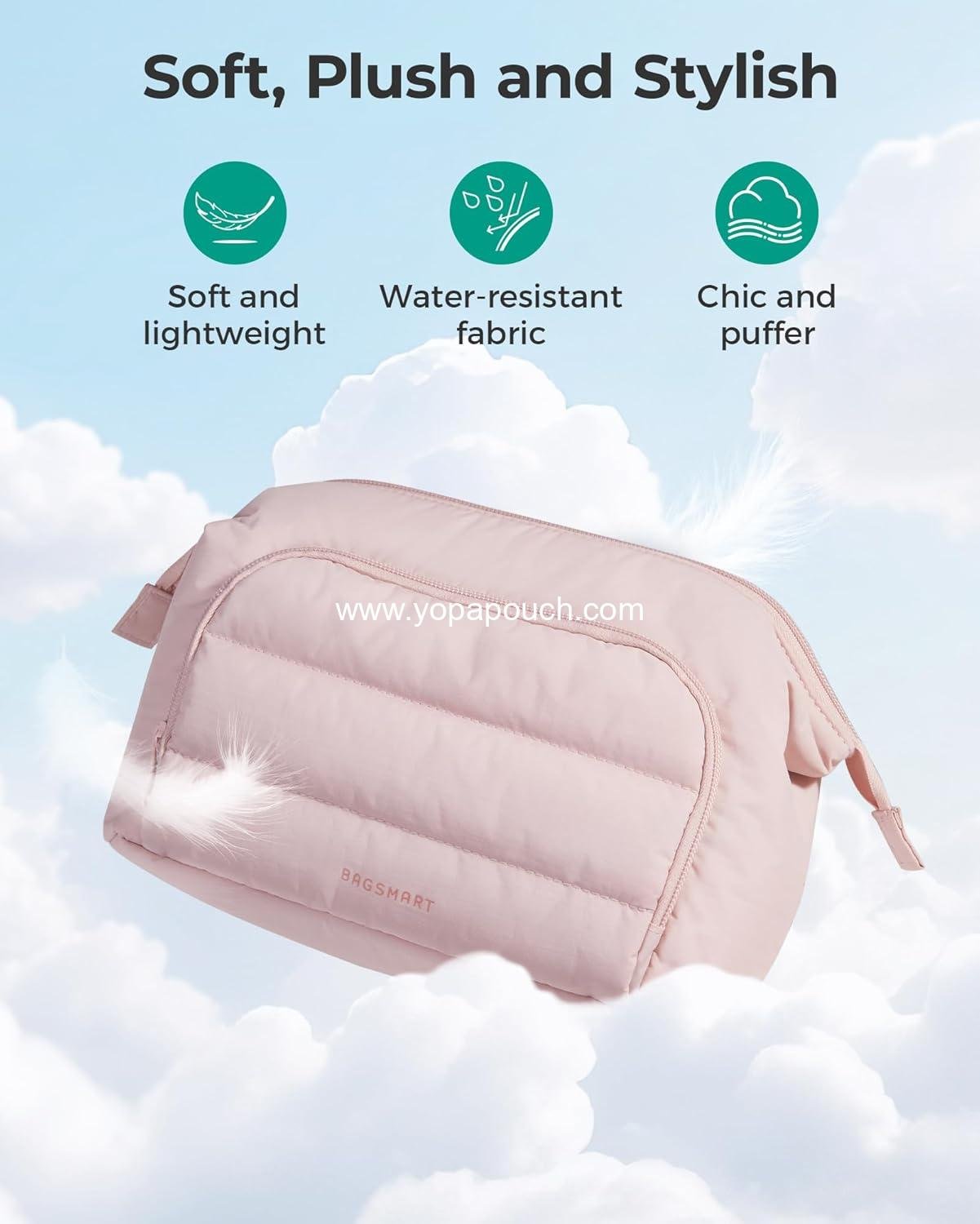 OEM Pink Makeup Bag Travel Toiletry Organizer, Puffy Padded Pouch for Women, Wide-Open Design for Essentials and Brushes, Factory