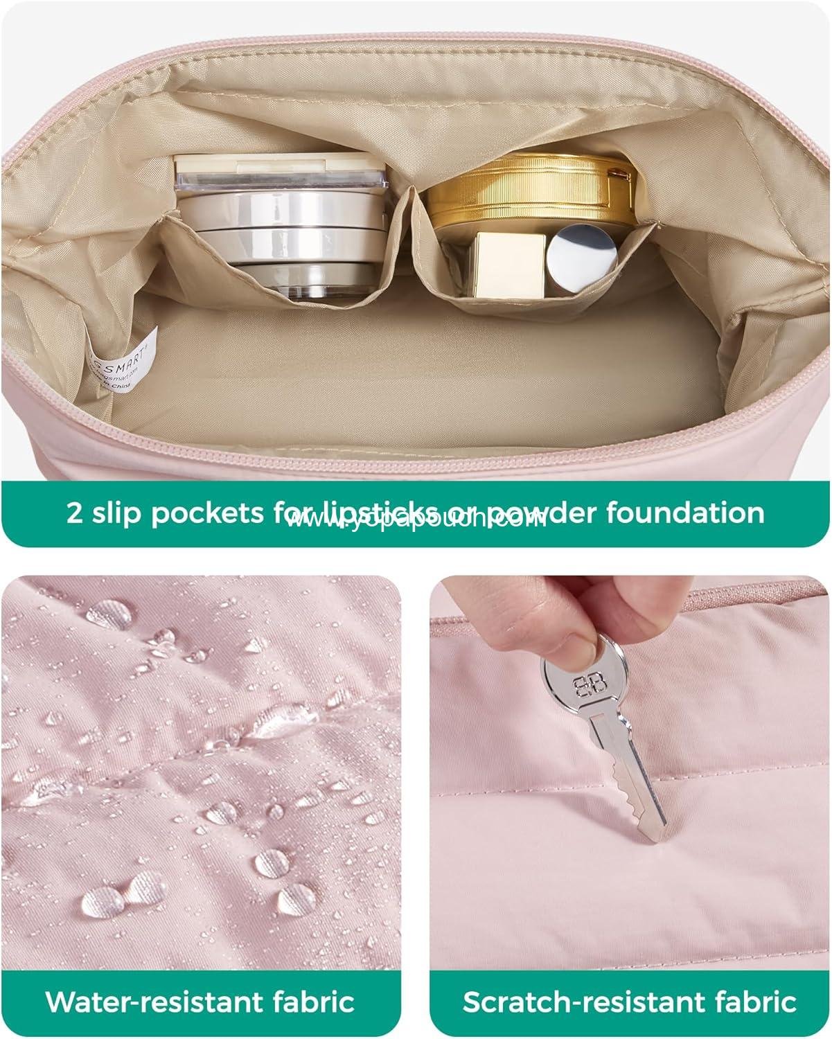 OEM Pink Makeup Bag Travel Toiletry Organizer, Puffy Padded Pouch for Women, Wide-Open Design for Essentials and Brushes, Factory