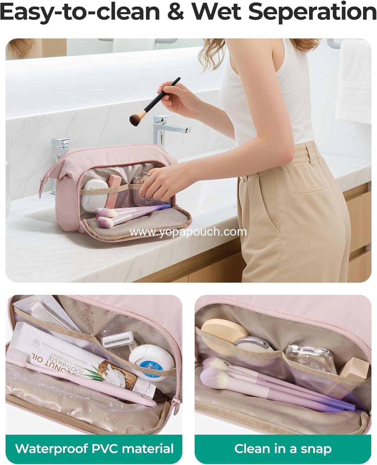 OEM Pink Makeup Bag Travel Toiletry Organizer, Puffy Padded Pouch for Women, Wide-Open Design for Essentials and Brushes, Factory