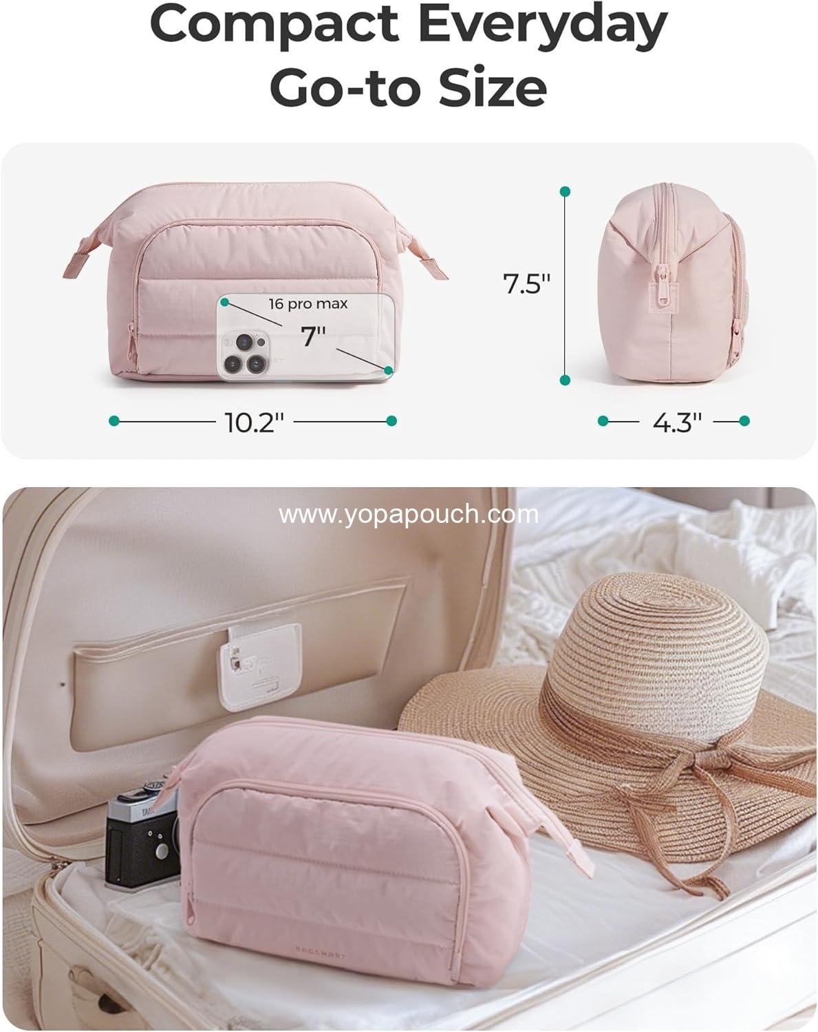 OEM Pink Makeup Bag Travel Toiletry Organizer, Puffy Padded Pouch for Women, Wide-Open Design for Essentials and Brushes, Factory