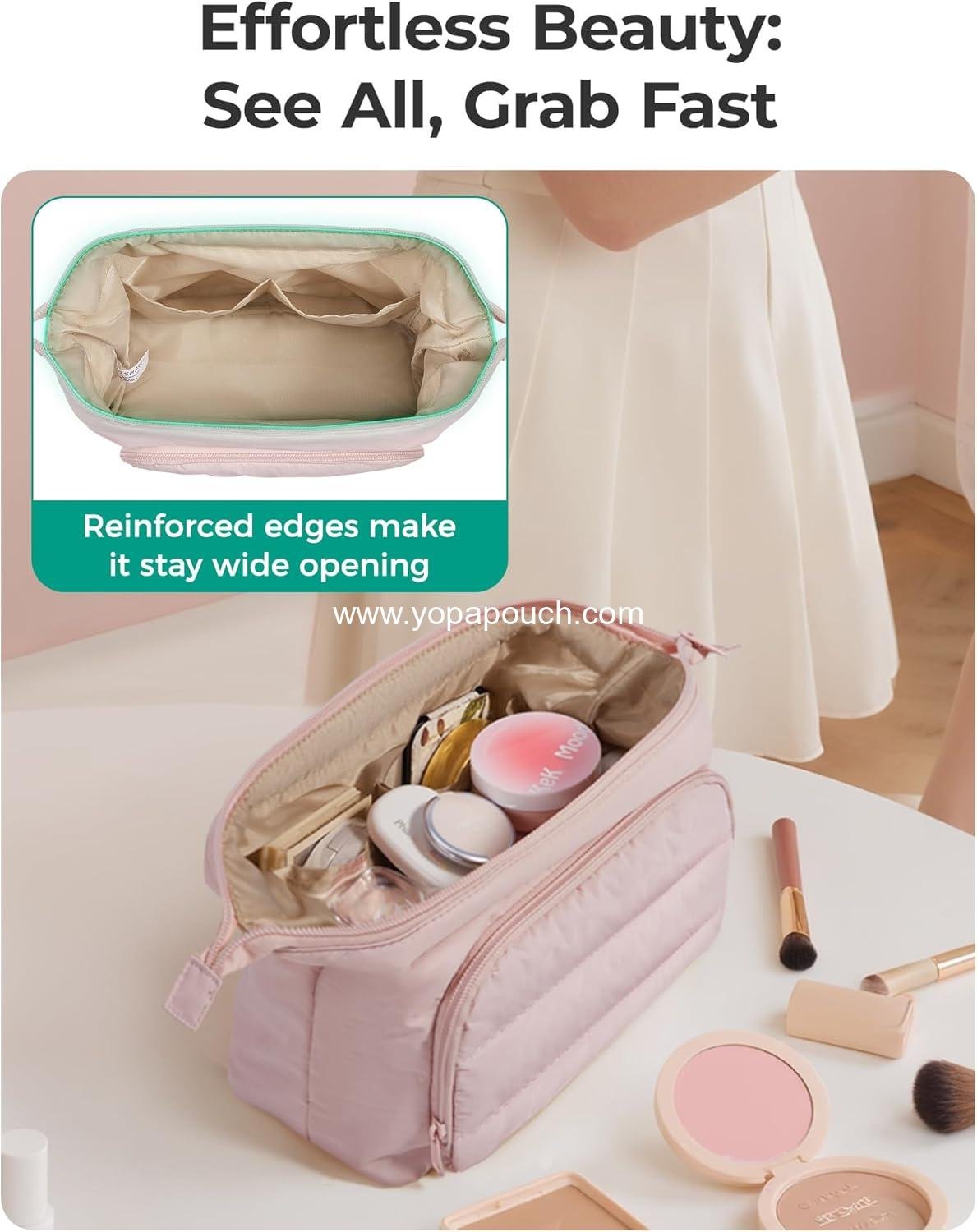OEM Pink Makeup Bag Travel Toiletry Organizer, Puffy Padded Pouch for Women, Wide-Open Design for Essentials and Brushes, Factory