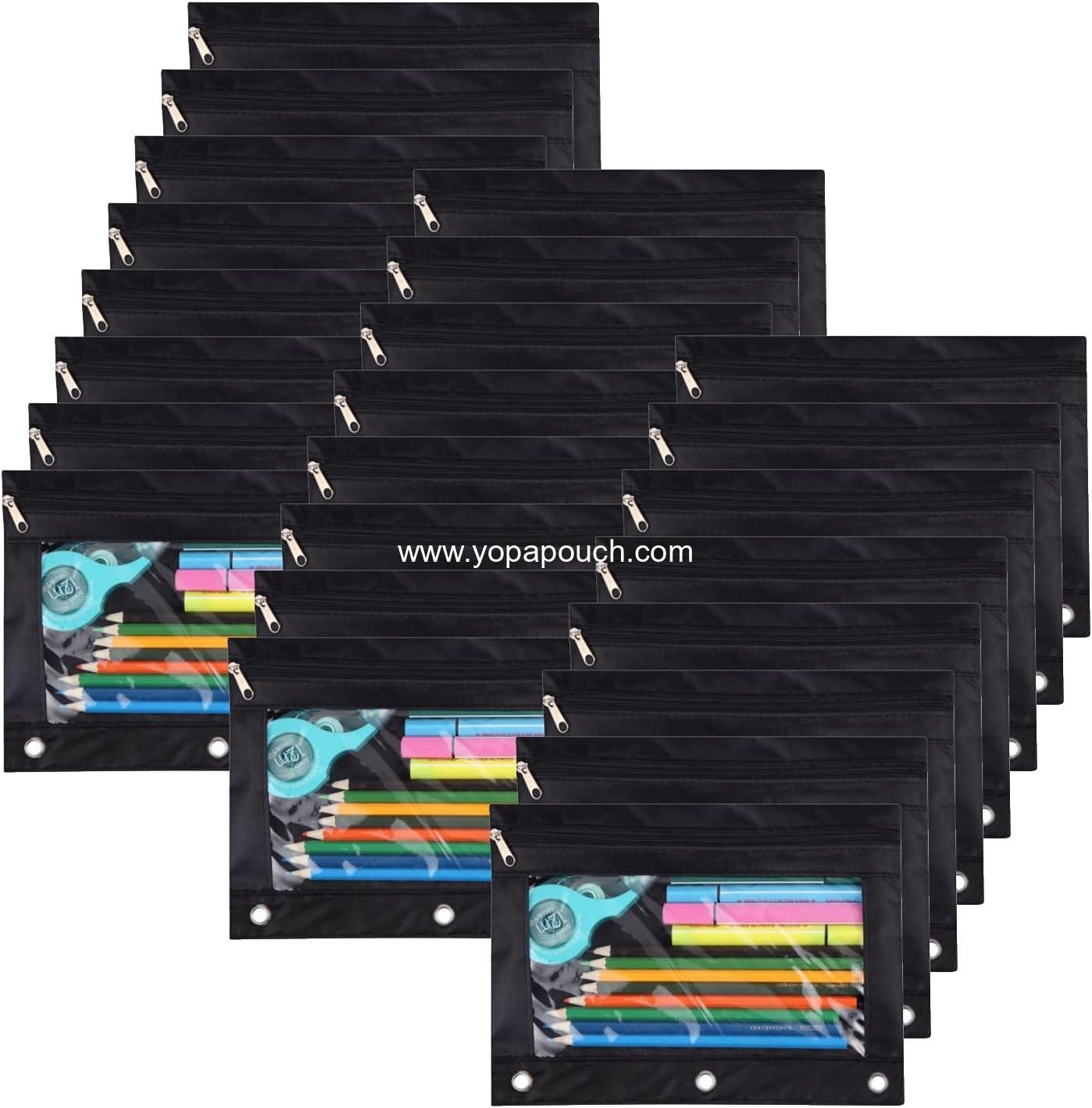 YoeeJob Pencil Pouch for 3 Ring Binder, Binder Pouches with Zipper Bulk, Pen Holder Case with Clear Window School Class Office Organizers, 24 Pack, Black