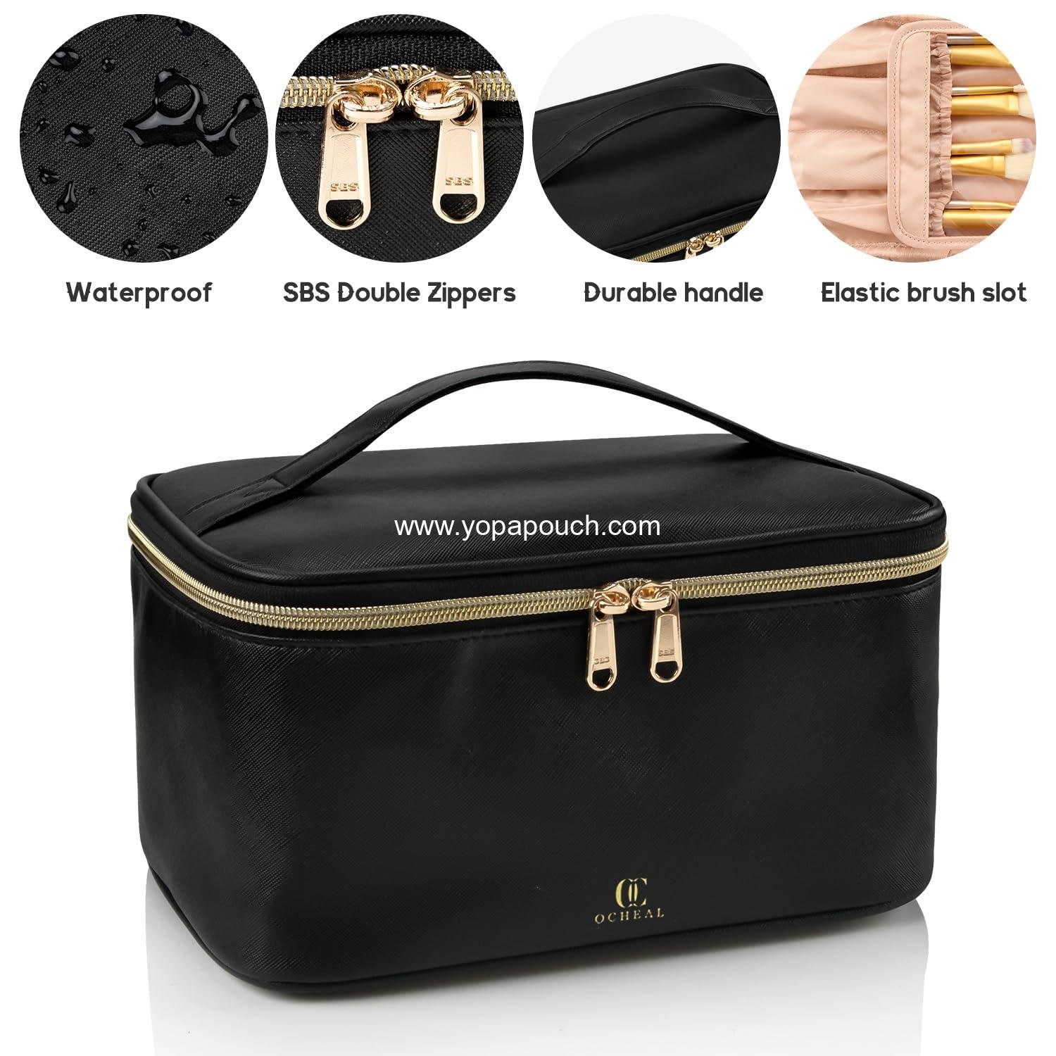 Wholesale Large Capacity Portable Cosmetic Bag, Travel Makeup Case Organizer, Black Toiletry Bag for Women with Handle and Divider, Supplier