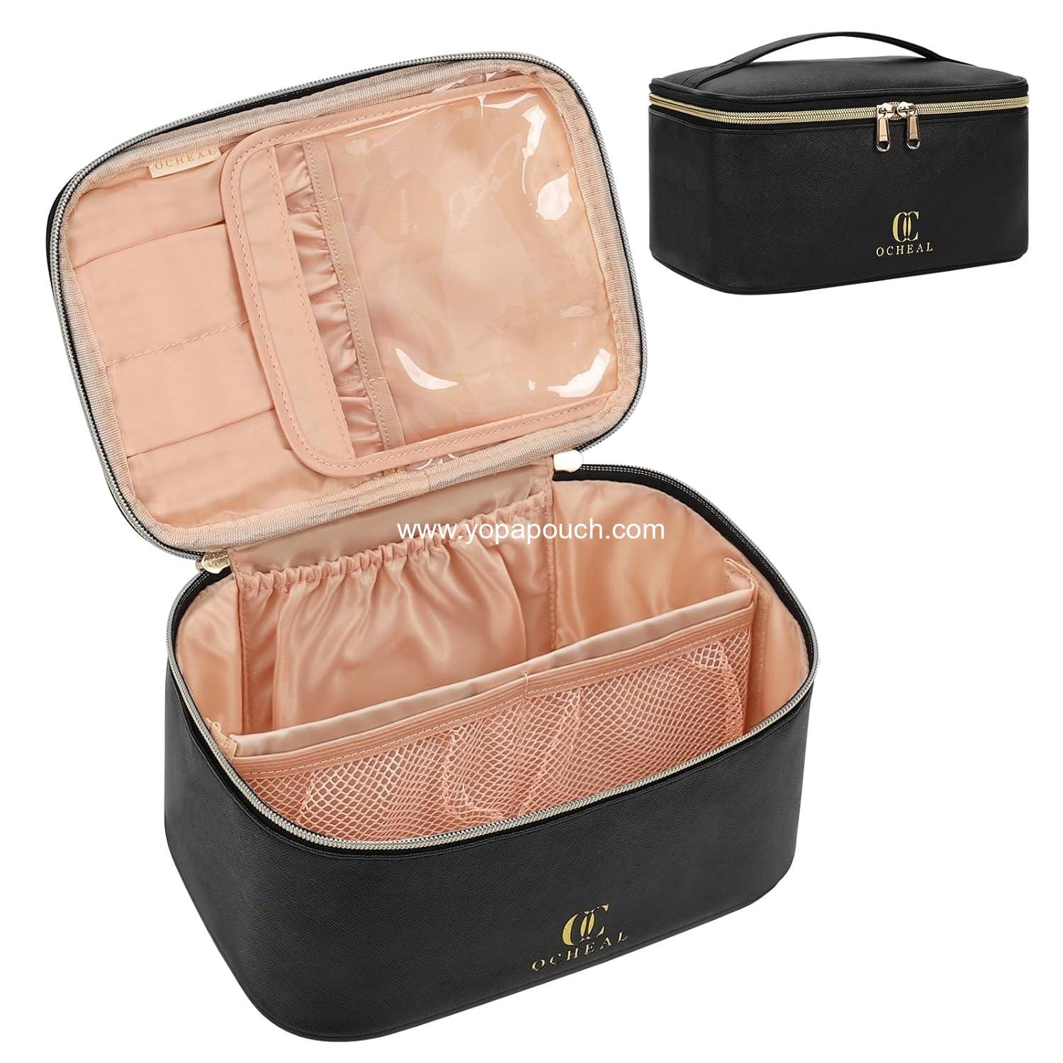 Wholesale Large Capacity Portable Cosmetic Bag, Travel Makeup Case Organizer, Black Toiletry Bag for Women with Handle and Divider, Supplier
