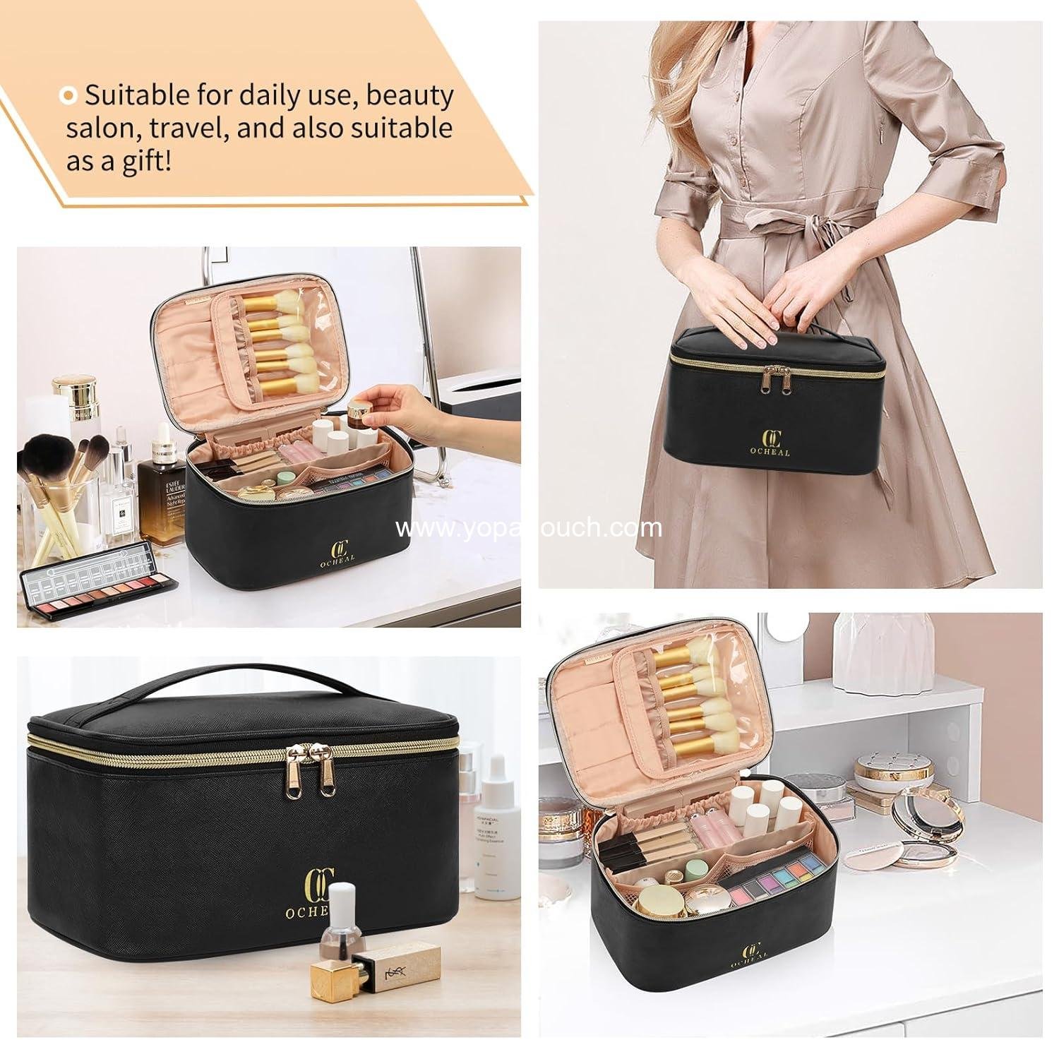 Wholesale Large Capacity Portable Cosmetic Bag, Travel Makeup Case Organizer, Black Toiletry Bag for Women with Handle and Divider, Supplier