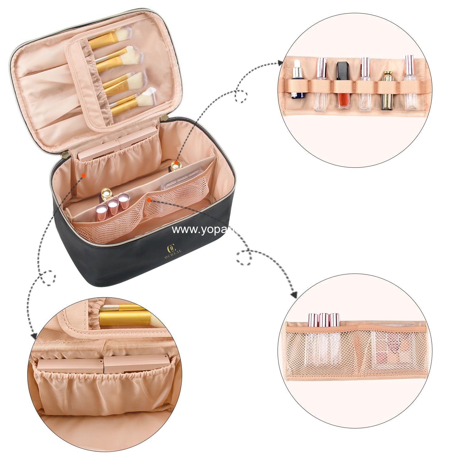 Wholesale Large Capacity Portable Cosmetic Bag, Travel Makeup Case Organizer, Black Toiletry Bag for Women with Handle and Divider, Supplier