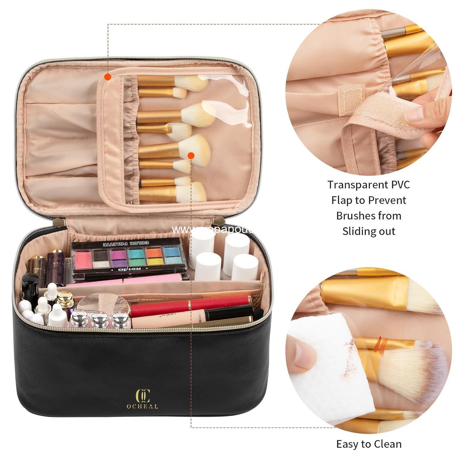Wholesale Large Capacity Portable Cosmetic Bag, Travel Makeup Case Organizer, Black Toiletry Bag for Women with Handle and Divider, Supplier