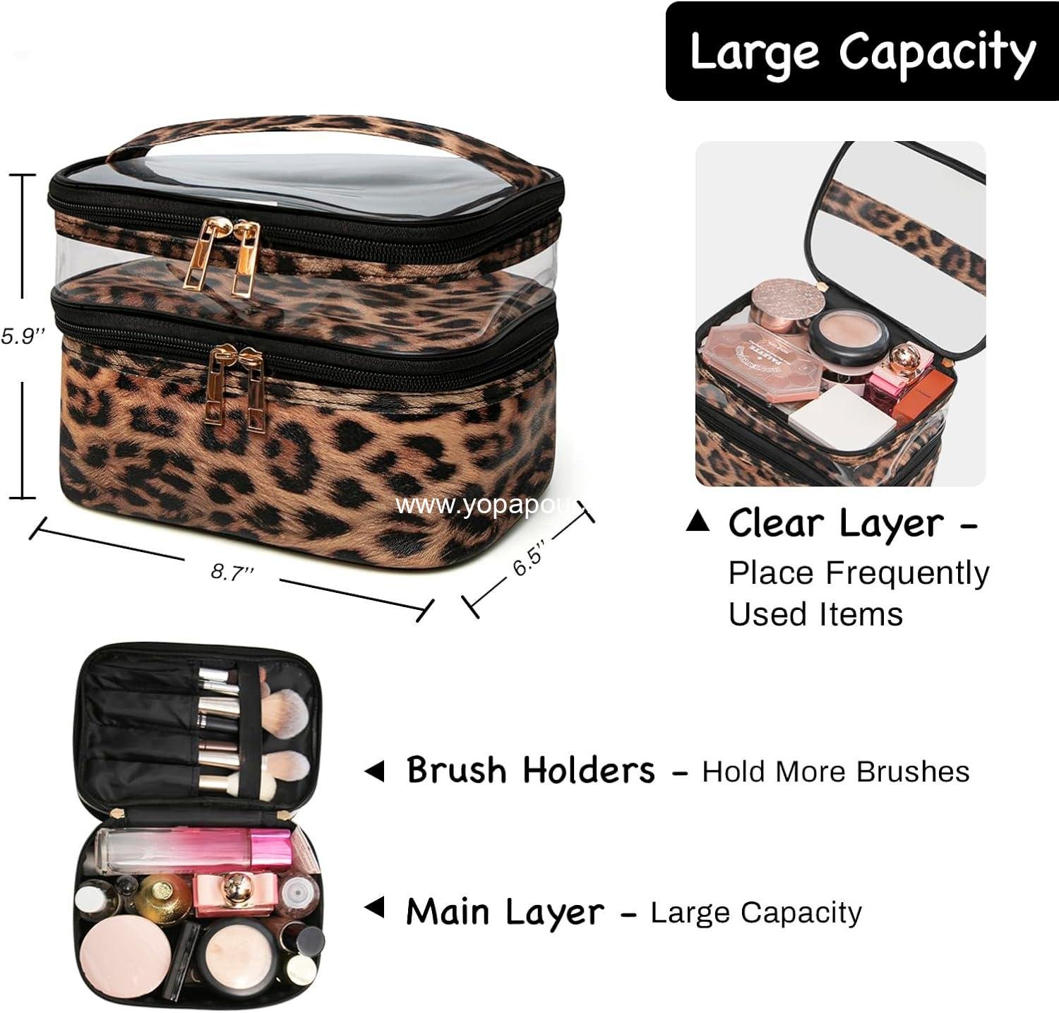 Wholesale Double-layer Portable Cosmetic Bag Waterproof Makeup Case for Women Travel (Leopard) Supplier