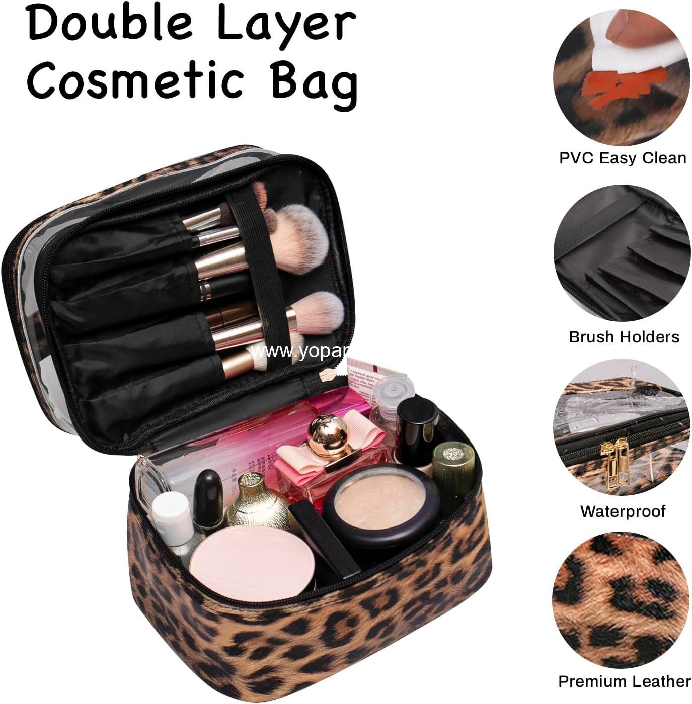 Wholesale Double-layer Portable Cosmetic Bag Waterproof Makeup Case for Women Travel (Leopard) Supplier