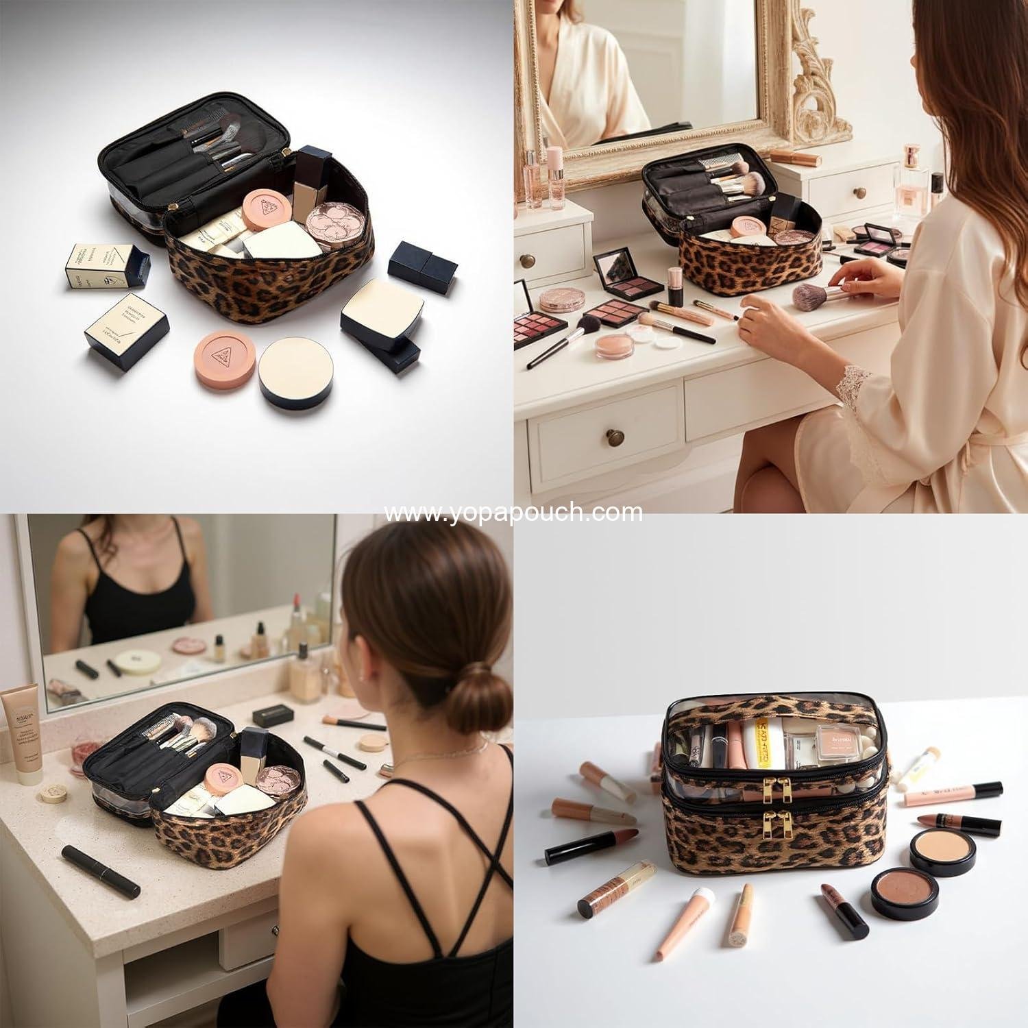 Wholesale Double-layer Portable Cosmetic Bag Waterproof Makeup Case for Women Travel (Leopard) Supplier