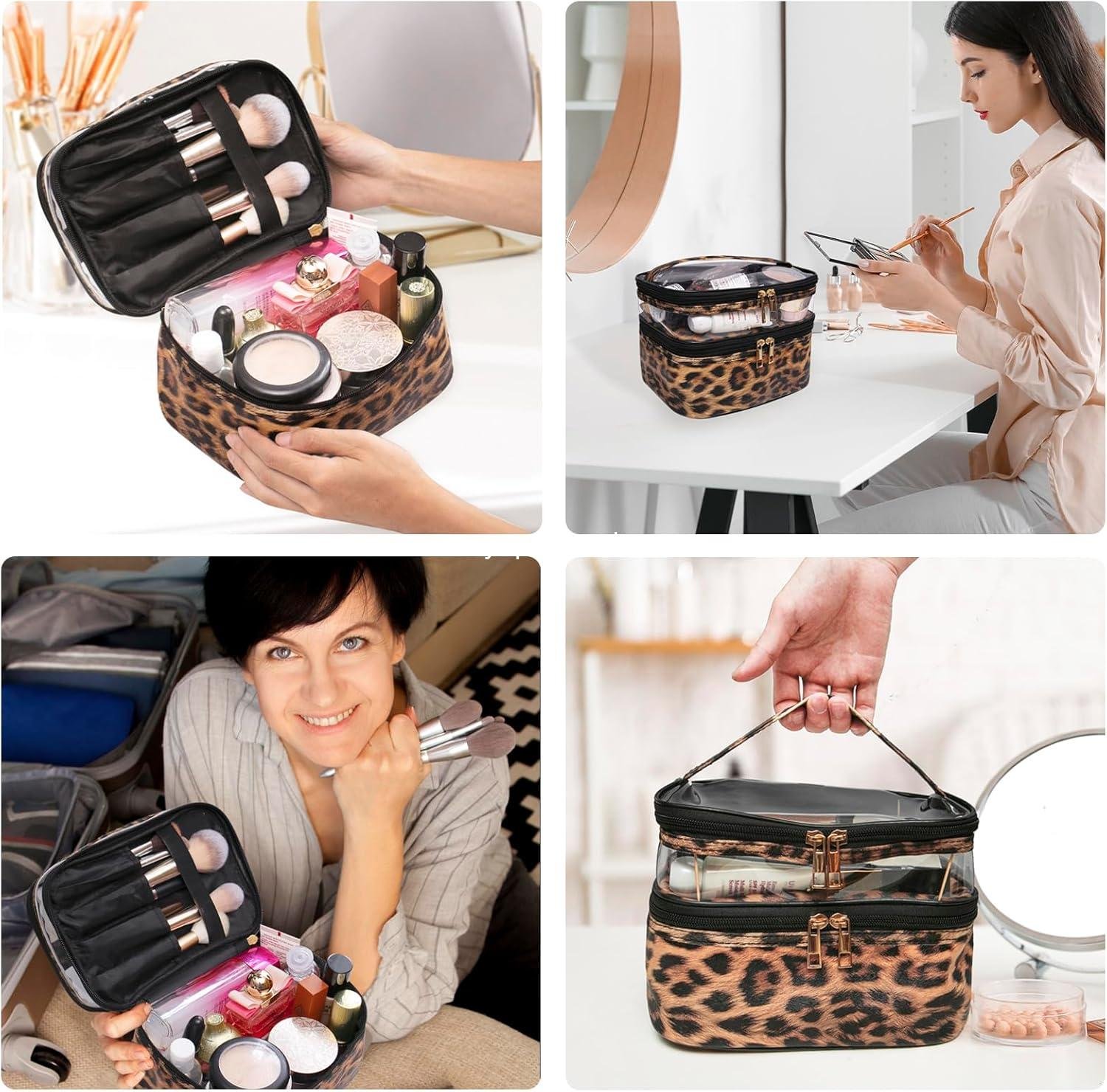 Wholesale Double-layer Portable Cosmetic Bag Waterproof Makeup Case for Women Travel (Leopard) Supplier