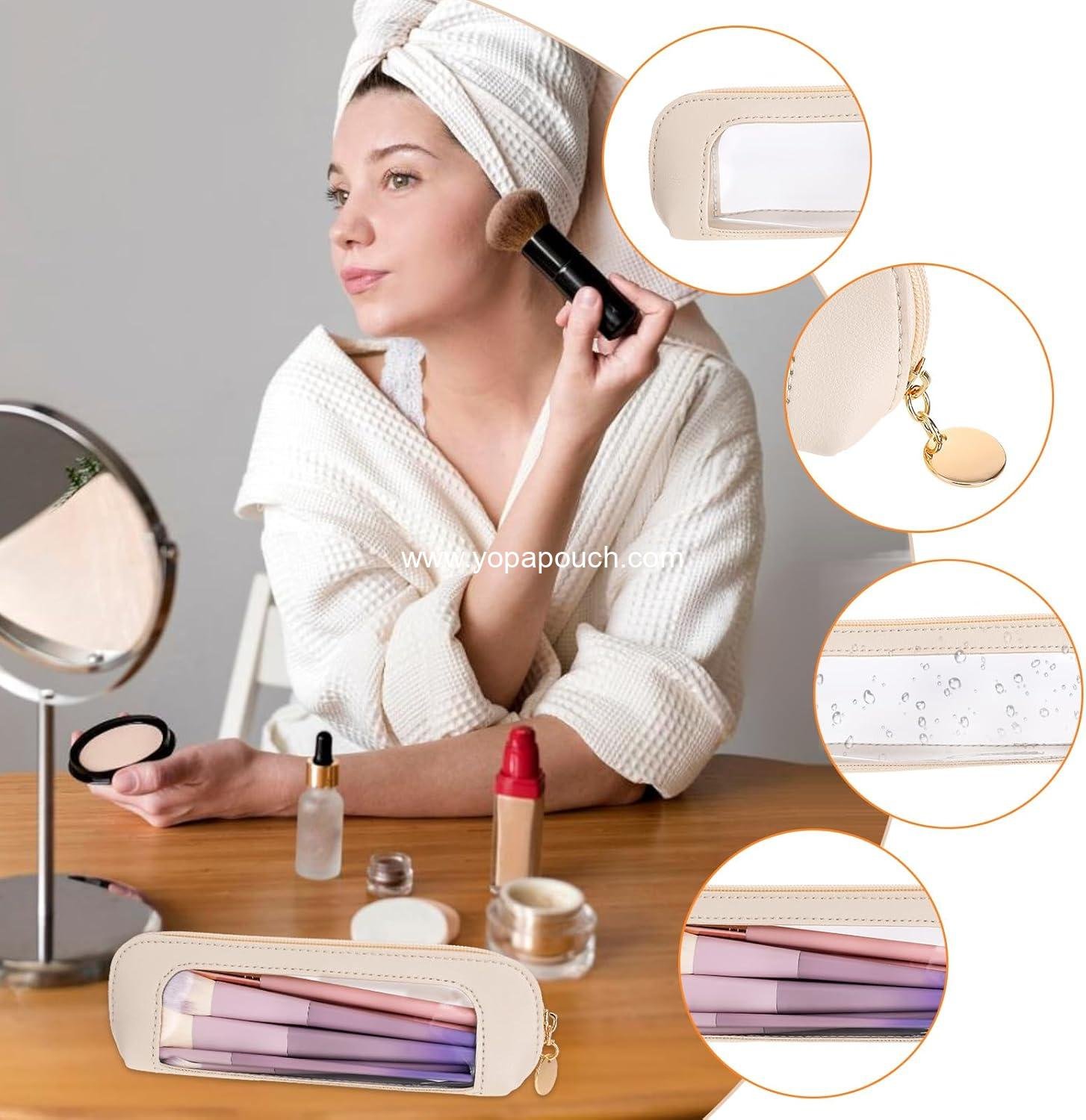 Wholesale Clear Makeup Bag, Portable PU Leather Cosmetic Organizer Pouch, Waterproof Travel Makeup Brush Case with Zipper for Women, 5.5