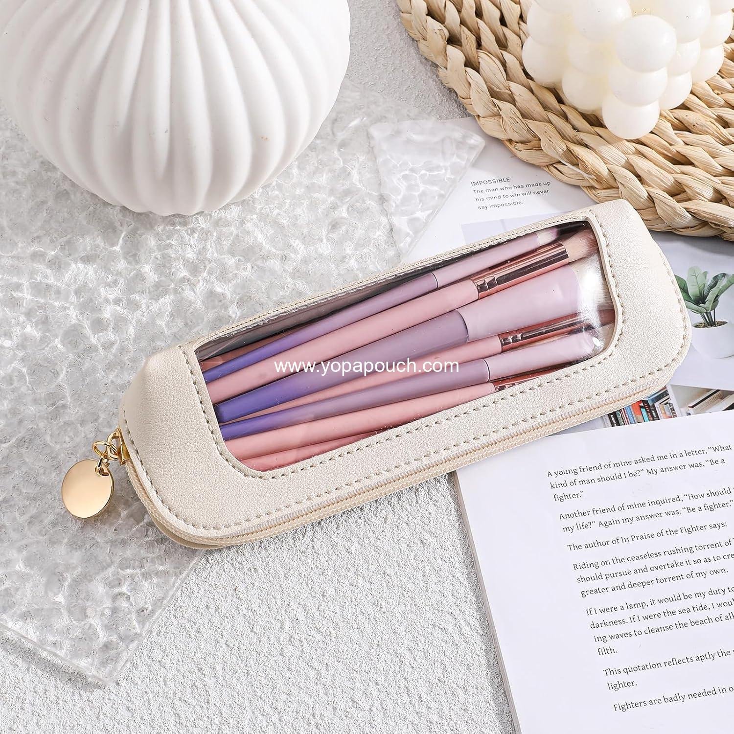 Wholesale Clear Makeup Bag, Portable PU Leather Cosmetic Organizer Pouch, Waterproof Travel Makeup Brush Case with Zipper for Women, 5.5