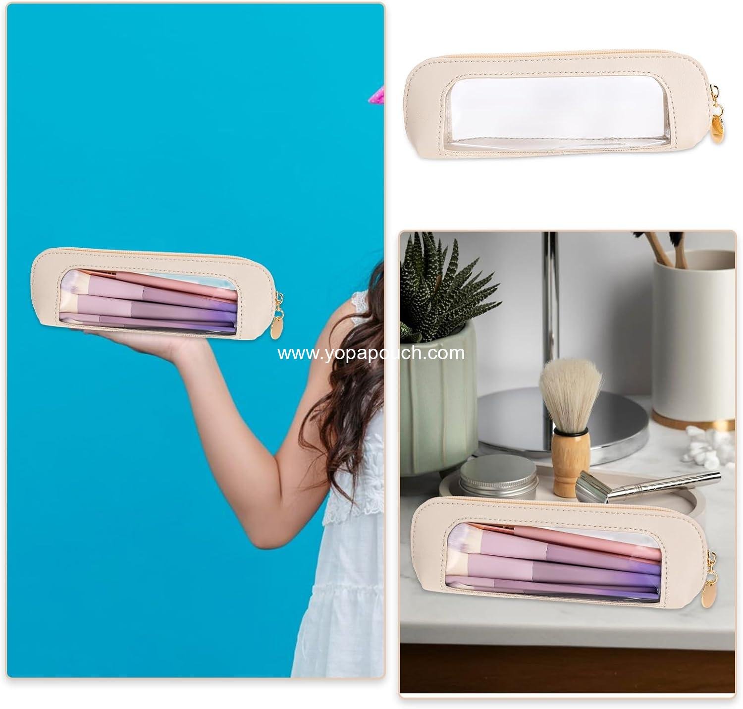 Wholesale Clear Makeup Bag, Portable PU Leather Cosmetic Organizer Pouch, Waterproof Travel Makeup Brush Case with Zipper for Women, 5.5