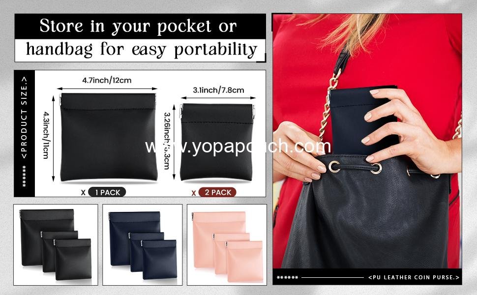 OEM 3 Pcs PU Leather Coin Purse Black Change Holder No Zipper Self Closing Pouch for Men, 2 Sizes – Supplier