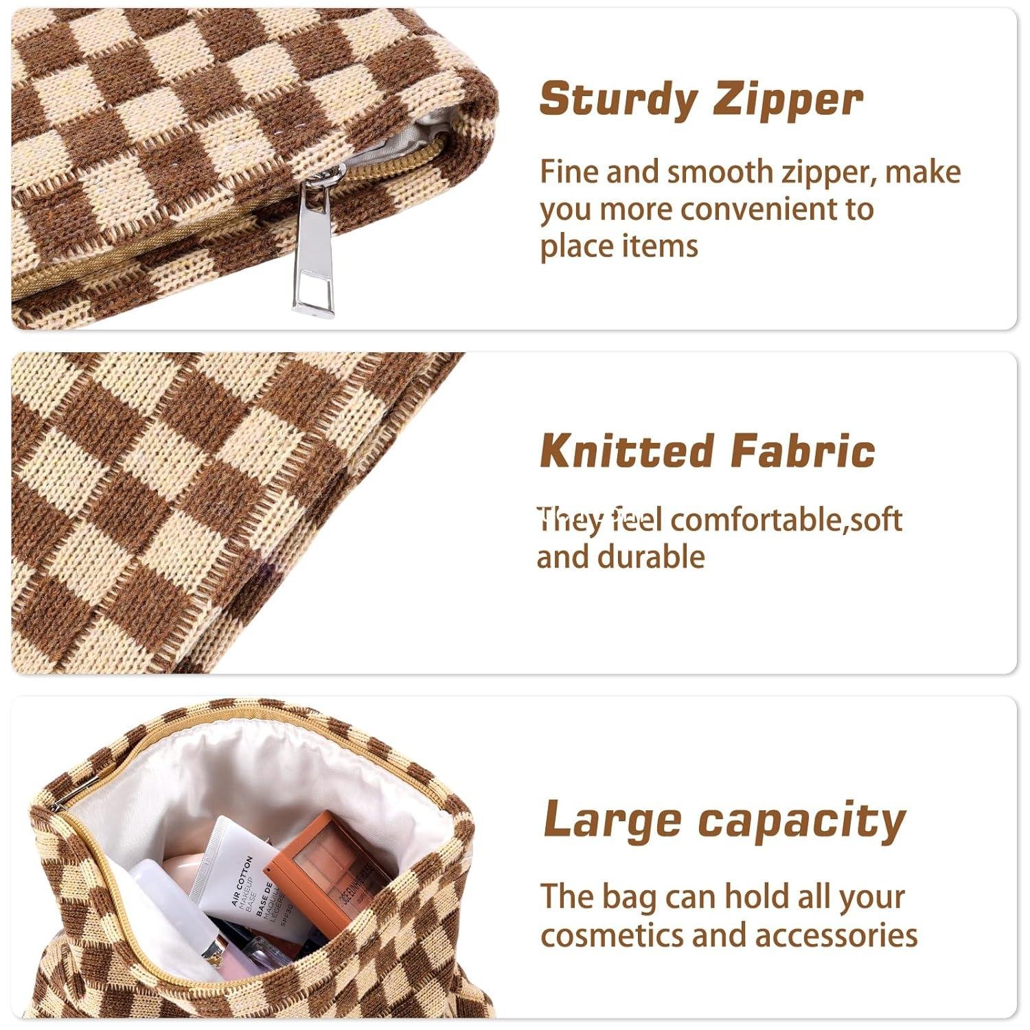 OEM 2Pcs Checkered Makeup Bag Set for Women - Large and Small Aesthetic Cosmetic Pouches, Cute Pencil Case, Brown Travel Toiletry Bags, Zipper Skincare Bags Supplier